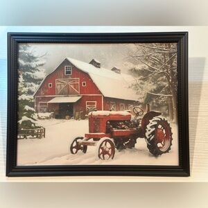Winter art framed 8x10” print country barn Christmas lovers art red barn tractor